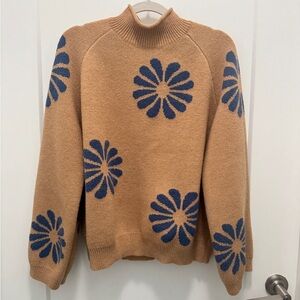 Tan Sweater with Blue Floral Design